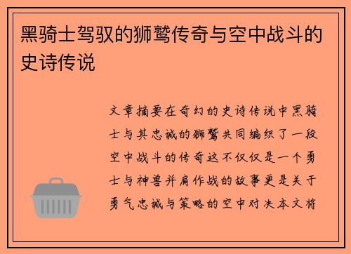 黑骑士驾驭的狮鹫传奇与空中战斗的史诗传说